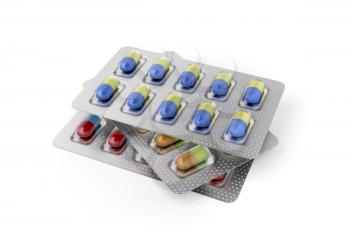 Capsules in blister pack on white background