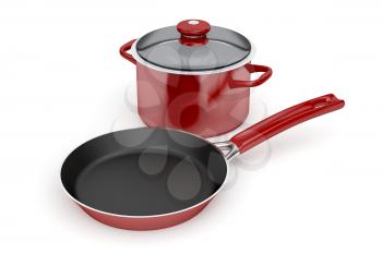 Frying pan and cooking pot on white background