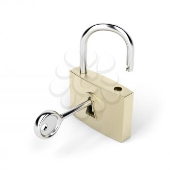 Padlock and key on white background