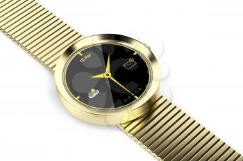 Gold plated smart watch on shiny white background