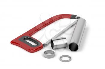 Hacksaw with cut metal pipes