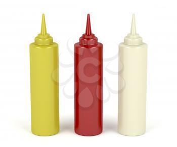 Mustard, ketchup and mayonnaise in plastic bottles