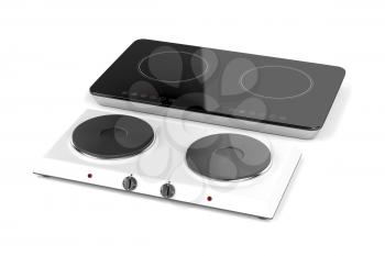 Double hot plate and induction cooktop on white background