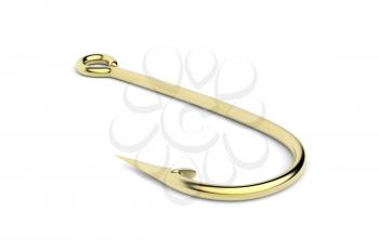 Shiny golden fish hook on white background