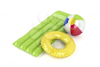 Pool raft, beach ball and swim ring on white background  