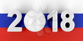 Year 2018 with football ball and Russian flag on behind 