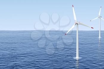 Wind turbines generating electricity in the sea