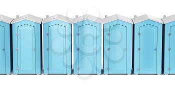 Row with portable plastic toilets on white background, front view