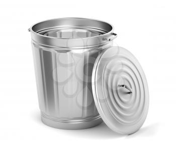 Empty metal bin with lid on white background