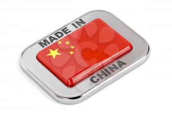 Made in China, silver badge on white background