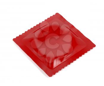 Red condom packaging on white background