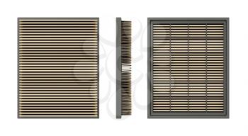 Front, side and back view of a car air filter, isolated on white background