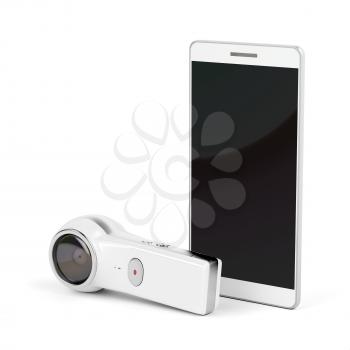 360 degree camera and smartphone with blank display on white background