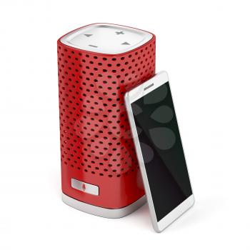 Red smart speaker and smartphone on white background