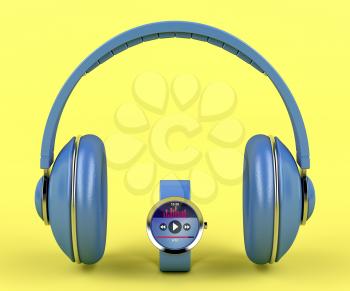 Over-ear headphones and smart watch on yellow background