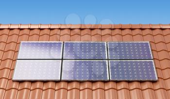 Solar panels on the roof of a house, producing electricity