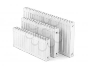 Group of heating radiators with different sizes on white background