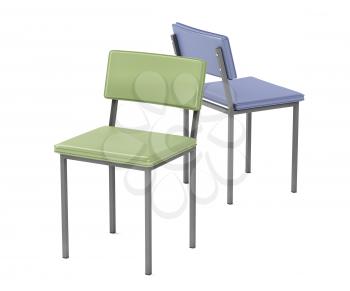 Two dining chairs with different colors on white background