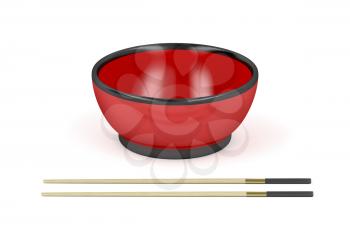 Empty red bowl and wooden chopsticks on white background