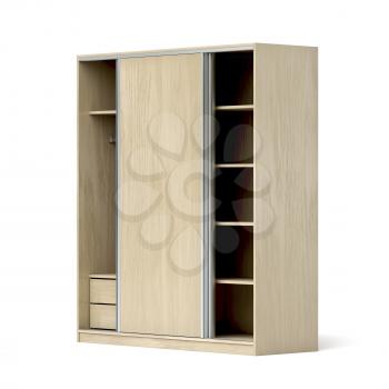 Empty wardrobe with sliding doors on white background