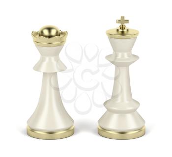 Queen and king chess pieces on white background
