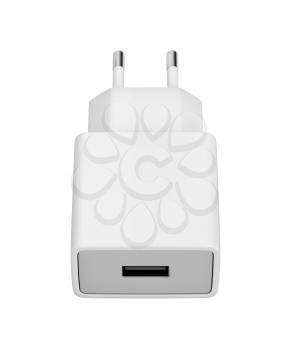 Smartphone power adapter with USB port isolated on white background