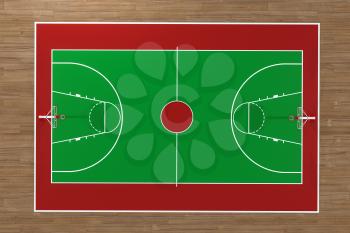 Top view of basketball court with wooden floor, 3d rendering. Computer digital drawing.