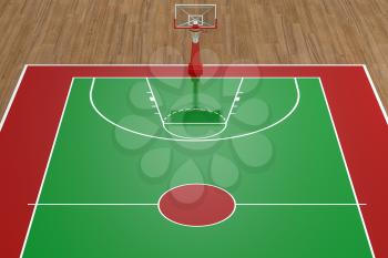 Basketball court with wooden floor, 3d rendering. Computer digital drawing.