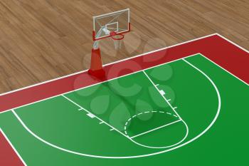 Basketball court with wooden floor, 3d rendering. Computer digital drawing.