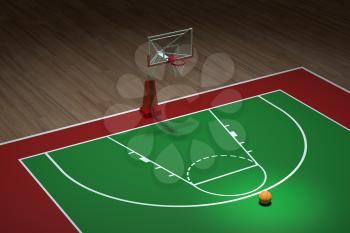 Basketball court with wooden floor, 3d rendering. Computer digital drawing.