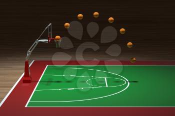 Basketball court with wooden floor, 3d rendering. Computer digital drawing.