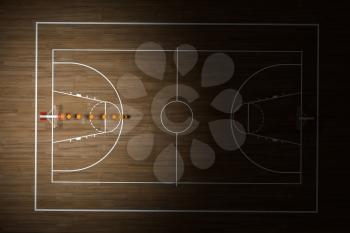 Basketball court with wooden floor, 3d rendering. Computer digital drawing.