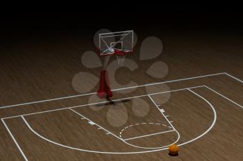 Basketball court with wooden floor, 3d rendering. Computer digital drawing.