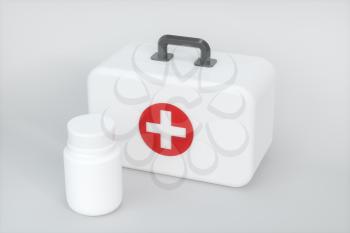 Medical kit and emergency medical equipment with white background,3d rendering. Computer digital drawing.