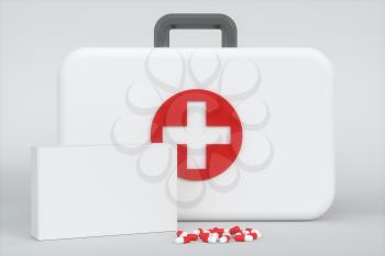 Medical kit and emergency medical equipment with white background,3d rendering. Computer digital drawing.