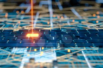 Circuit board and current data, data background, 3d rendering. Computer digital drawing.