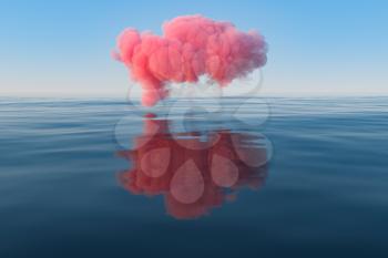 Cloud and geometric figure floating on the lake, 3d rendering. Computer digital drawing.