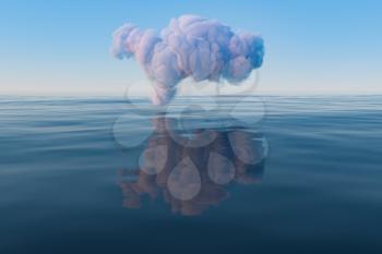 Cloud and geometric figure floating on the lake, 3d rendering. Computer digital drawing.