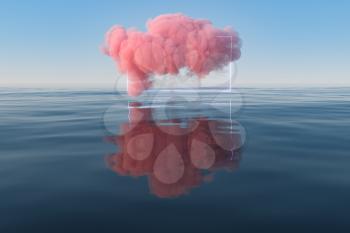 Cloud and geometric figure floating on the lake, 3d rendering. Computer digital drawing.