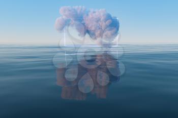 Cloud and geometric figure floating on the lake, 3d rendering. Computer digital drawing.