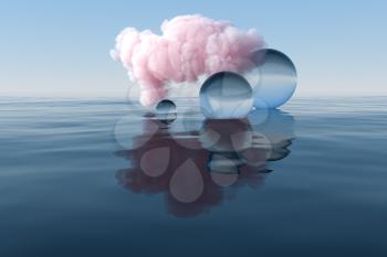 Cloud and geometric figure floating on the lake, 3d rendering. Computer digital drawing.