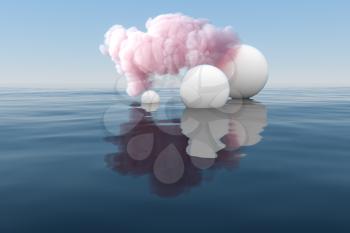 Cloud and geometric figure floating on the lake, 3d rendering. Computer digital drawing.