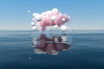 Cloud and geometric figure floating on the lake, 3d rendering. Computer digital drawing.