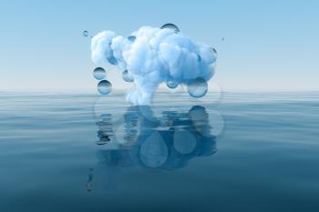 Cloud and geometric figure floating on the lake, 3d rendering. Computer digital drawing.