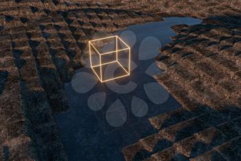 Glowing cubes block, glass material, 3d rendering. Computer digital drawing.