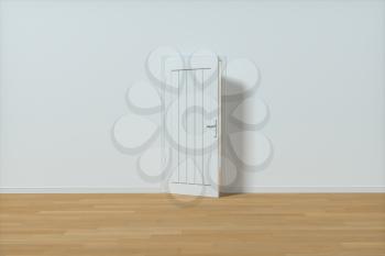 Wooden door with white wall background, 3d rendering. Computer digital drawing.