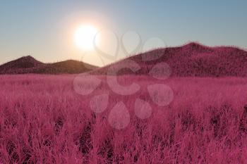 Grass field and mountains with bright background,3d rendering. Computer digital drawing.