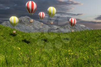 Flying hot-air balloon over the grass field, 3d rendering. Computer digital drawing.