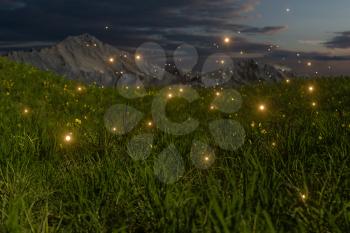 Flying glowworm over the grass field, 3d rendering. Computer digital drawing.