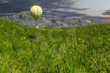 Flying hot-air balloon over the grass field, 3d rendering. Computer digital drawing.